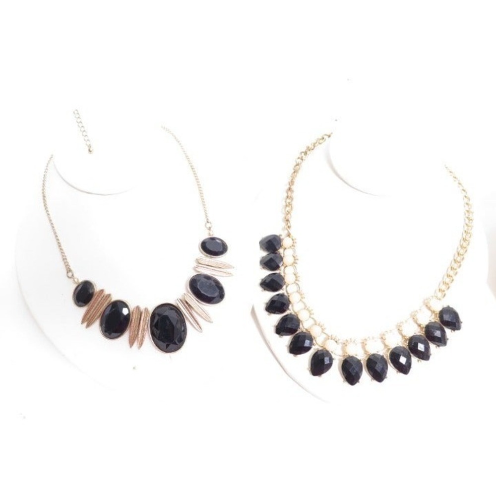 Black Stone & Gold Toned Metal Bib Statement Necklaces Bundle of 2